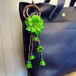 Green Flower Purse Charm Genuine Leather Bag Charm Pansies Dahlia NEW FAST SHIP
